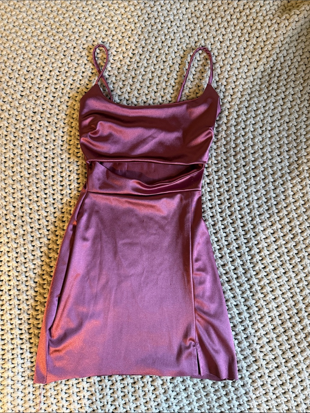 Satin Spaghetti-Strap Mini Dress in Berry Plum